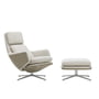 Vitra - Grand Relax Sessel & Ottoman, Aluminium poliert, Nubia elfenbein / grau, Leder / sand, Filzgleiter