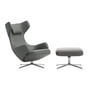 Vitra - Grand Repos Sessel und Ottoman, granitgrau, Leder Premium F 65, Aluminium poliert (Filzgleiter)