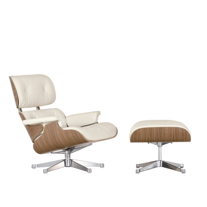 Vitra Lounge Chair + Ottoman - Nussbaum, weiss, poliert