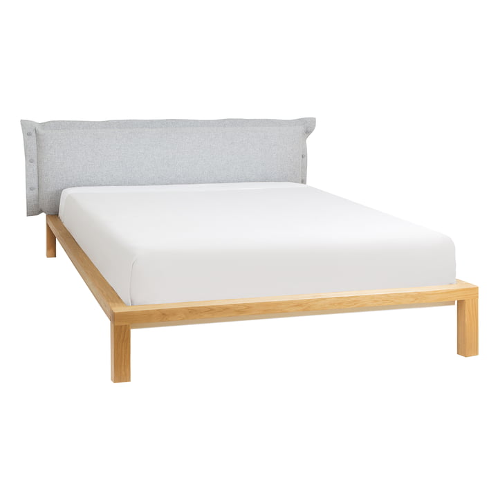 Pure Bett mit Polsterkopfteil 180 cm von Hans Hansen in Eiche matt lackiert / Grau