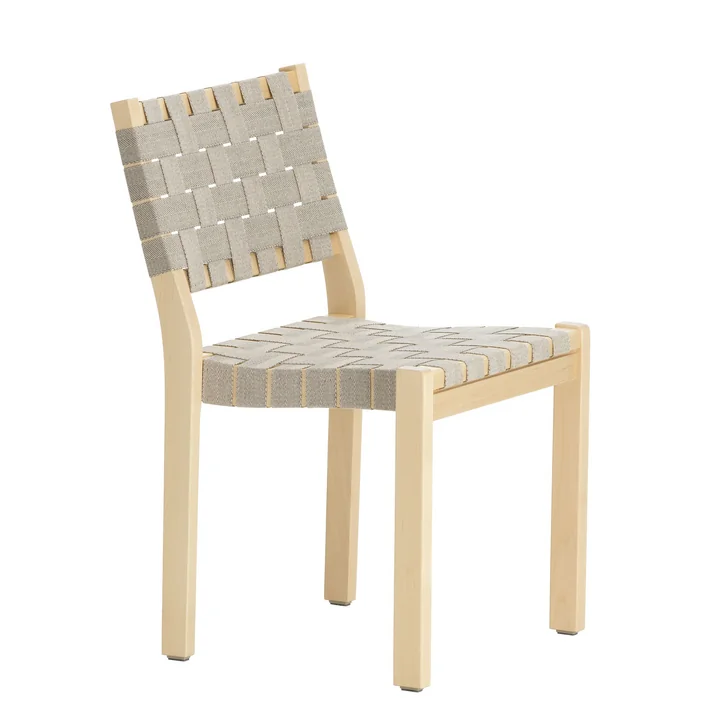 Stuhl 611 von Artek in Birke klar lackiert / Leinengurte natur-schwarz gemustert