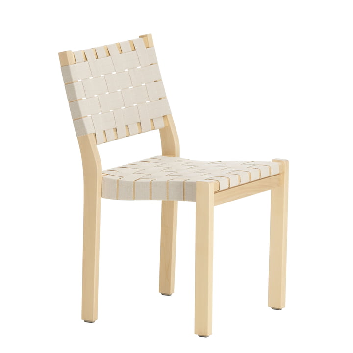 Stuhl 611 von Artek in Birke Birke klar lackiert / Leinengurte natur-weiß gemustert