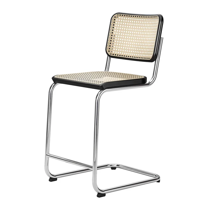 S 32 VHT Barstuhl SH 64 cm von Thonet in Chrom / Buche schwarz gebeizt / Rohrgeflecht mit Stützgewebe