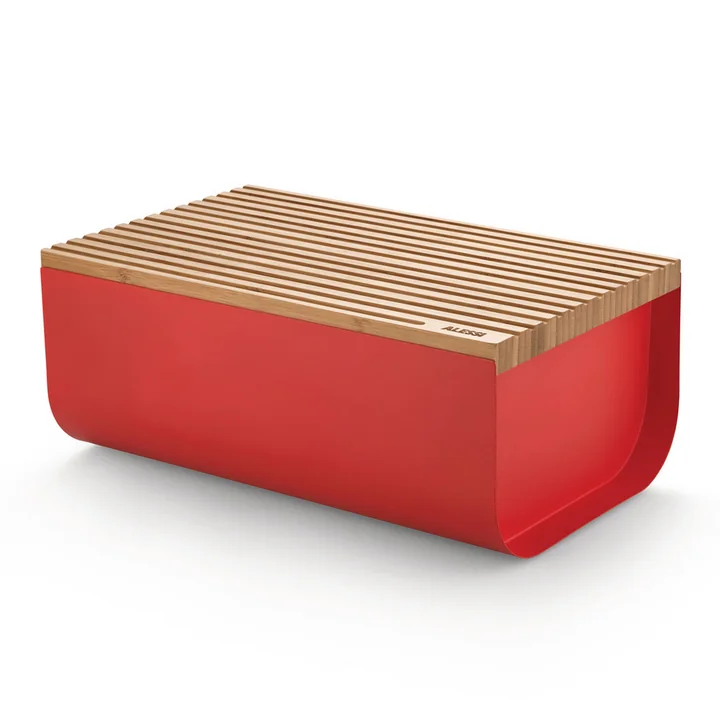 Der Mattina Brotkasten mit Schneidebrett, Bambus / rot von Alessi