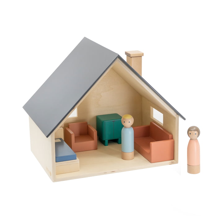 Puppenhaus mit Möbeln & Puppen von Sebra