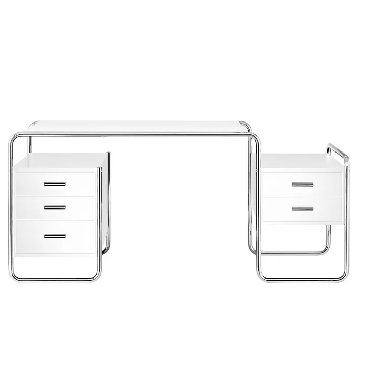 S 285 Schreibtisch, Chrom / Esche reinweiß decklackiert (RAL 9010) von Thonet