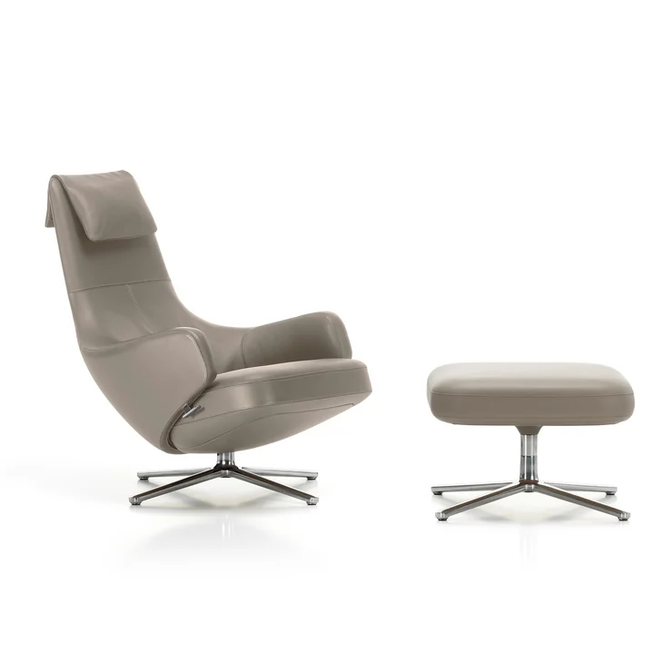 Repos Sessel und Ottoman von Vitra in der Ausführung Leder premium sand, Aluminium poliert
