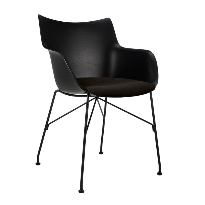 Kartell - Q/Wood Armlehnstuhl mit Sitzpolster, schwarz, Gestell schwarz, Sitzschale schwarz
