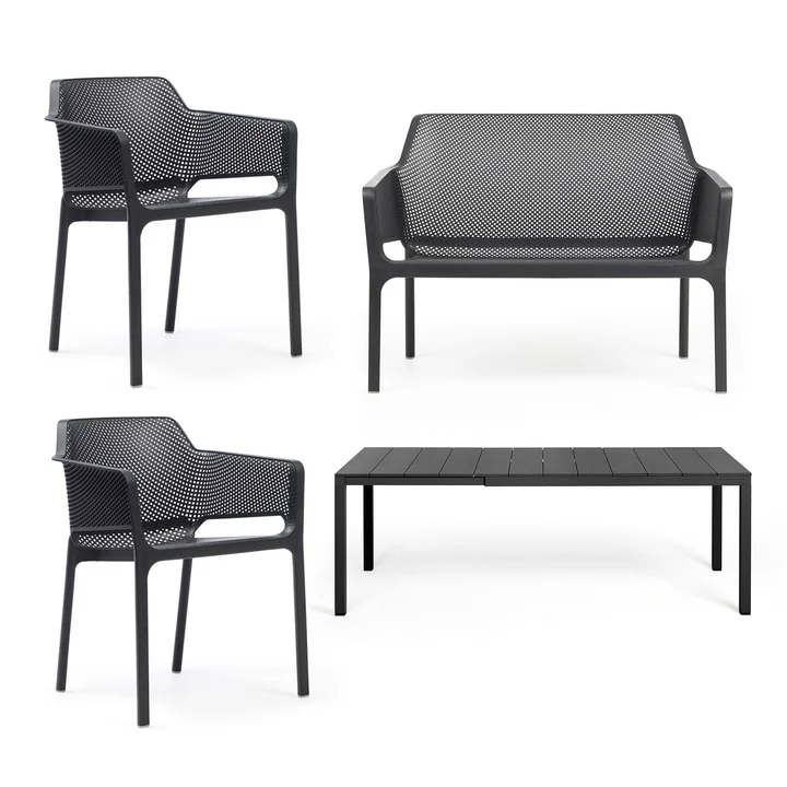 Nardi - Rio Alu Ausziehtisch 140 + Net Bank + 2x Net Armlehnstuhl, anthrazit