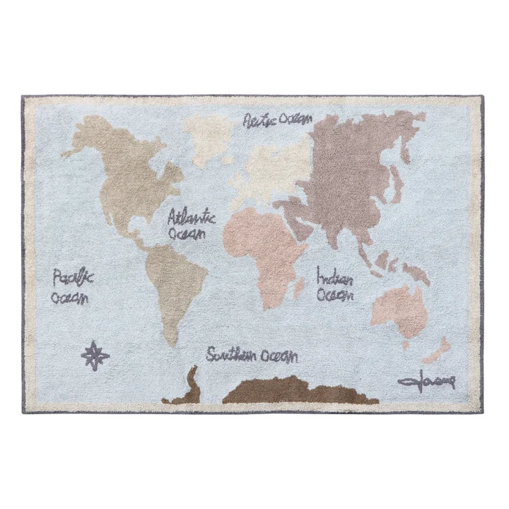 Vintage Map Teppich, 200 x 140 cm, blau / grün / rose / natur von Lorena Canals