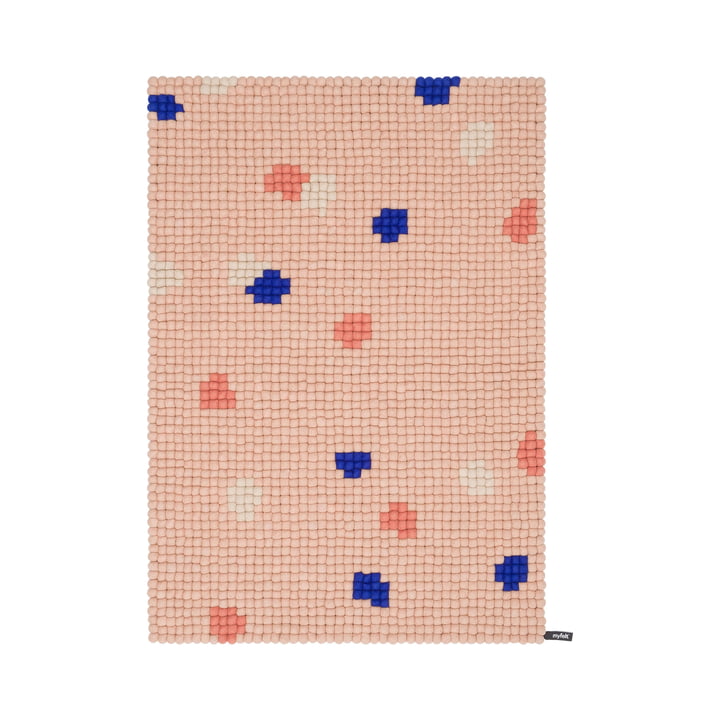 myfelt - Terra Rose Filzkugelteppich, 70 x 100 cm, rosé / coral / weiß / kobaltblau