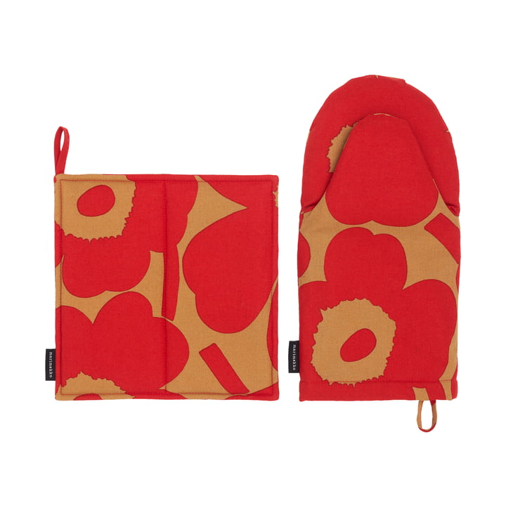 Pieni Unikko Ofenhandschuh & Topflappen, beige / rot (2er-Set) von Marimekko