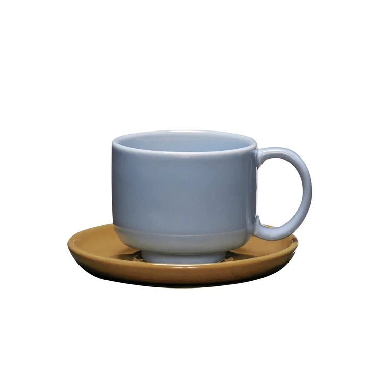 Hübsch Interior - Amare Tasse mit Untersetzer, hellblau / braun