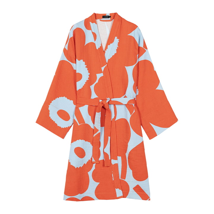 Marimekko - Unikko Bademantel, L, hellblau / orange 