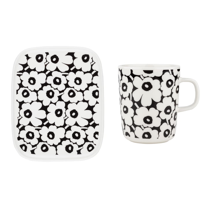 Oiva Pikkuinen Unikko Servierplatte & Becher mit Henkel, 60th Anniversary, 15 x 12 cm & 250 ml, schwarz / weiß (60th Anniversary Collection) (2er-Set) von Marimekko