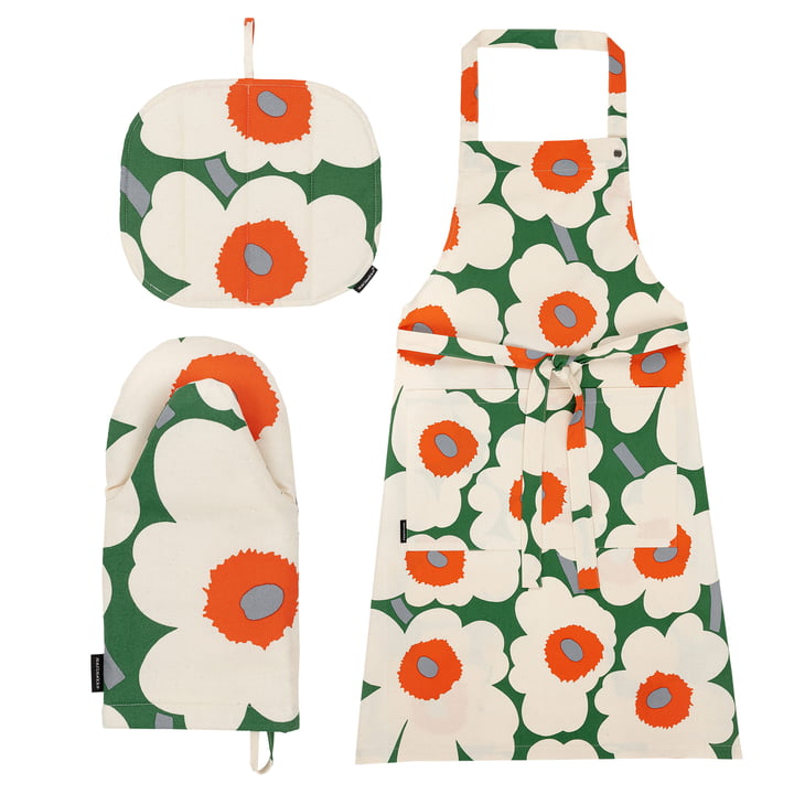 Pieni Unikko Schürze, Topflappen & Ofenhandschuh, grün / cotton / orange (3er-Set) von Marimekko