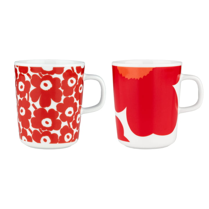 Oiva Iso Unikko & Pikkuinen Unikko Becher mit Henkel, 60th Anniversary, 250 ml, weiß / rot (2er-Set) von Marimekko