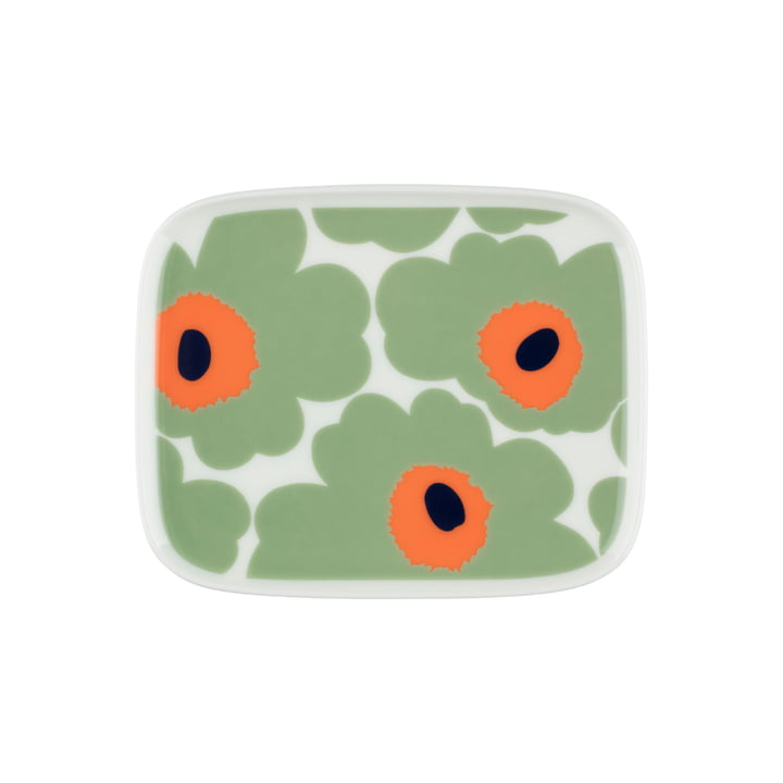 Marimekko - Oiva Unikko Servierplatte, 15 x 12 cm, weiß / sage / orange / dunkelblau