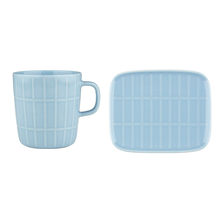 Tiiliskivi Becher mit Henkel & Servierplatte, 400 ml & 15 x 12 cm, hellblau (2er-Set) von Marimekko