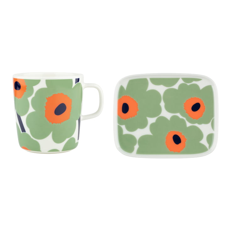 Oiva Unikko Becher mit Henkel & Teller, 400 ml & 15 x 12 cm, weiß / sage / orange / dunkelblau (2er-Set) von Marimekko