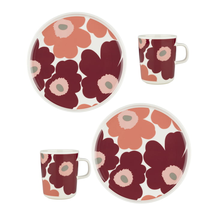 Marimekko - Oiva Unikko Becher mit Henkel & Teller, weiß / dark cherry / salmon red (4er-Set)