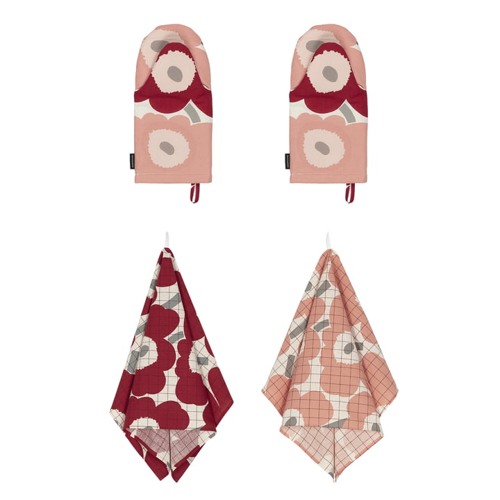 Pieni Unikko Küchenset, Geschirrtuch & Ofenhandschuhe, cotton / dark cherry / rose (4er-Set) von Marimekko