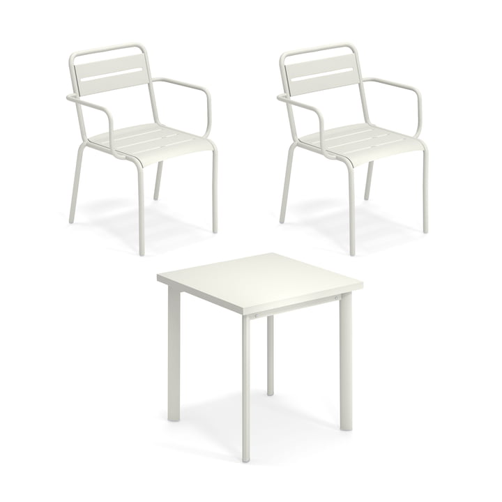 Emu - Star Outdoor Tisch 70 x 70 cm + Armlehnstuhl (2er Set), weiß