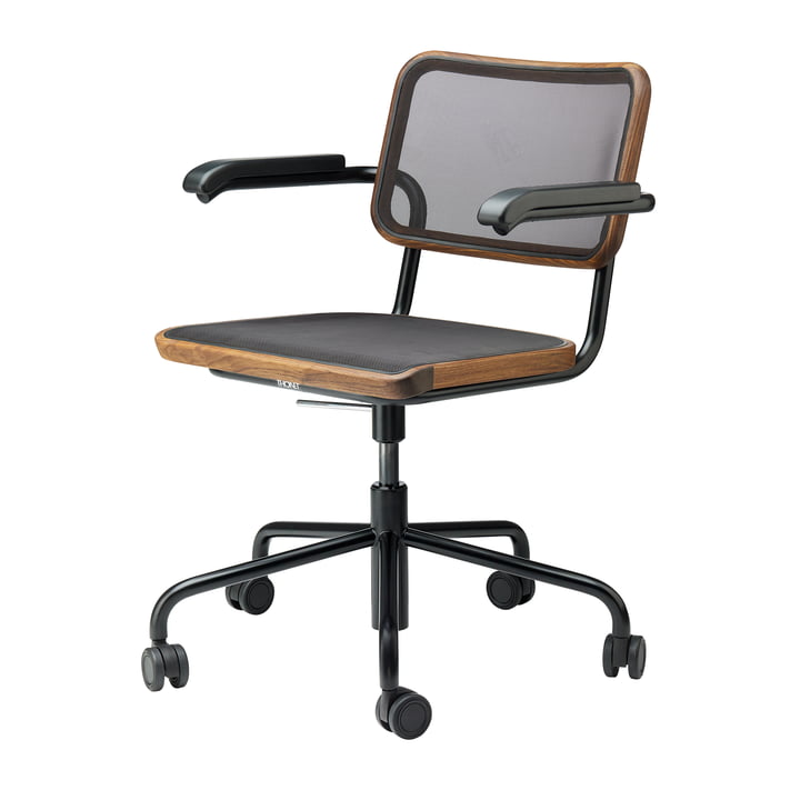 S 64 NDR Bürostuhl, schwarz / Nussbaum geölt / Netzgewebe schwarz (Pure Materials) von Thonet