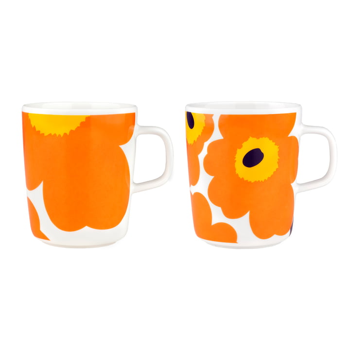 Marimekko - Oiva Iso Unikko & Unikko Becher mit Henkel, 60th Anniversary, 250 ml, weiß / orange / gelb (2er-Set) (60th Anniversary Collection)