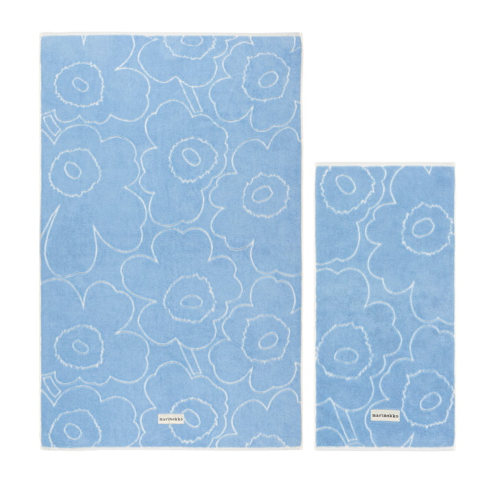 Marimekko - Piirto Unikko Badetuch & Handtuch Set, blau / weiß (2er-Set) 