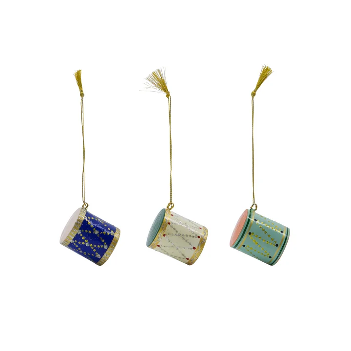 House Doctor - Drum Ornamente, Ø 3,5 cm, blau / grün / beige (3er-Set)