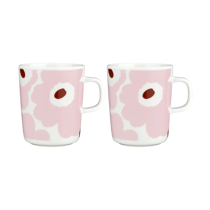 Marimekko - Oiva Juhla Unikko Becher mit Henkel, 250 ml, weiß / rosa / kastanie (2er-Set)