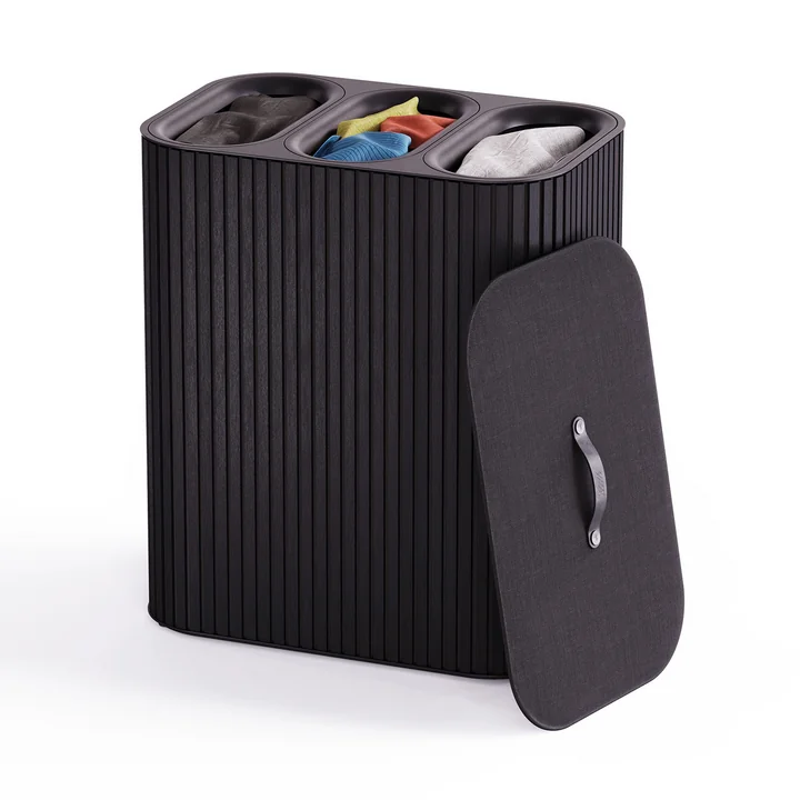 Joseph Joseph - Tota Trio Luxe Wäschetrennkorb mit drei Fächern 90 l, Bambus schwarz