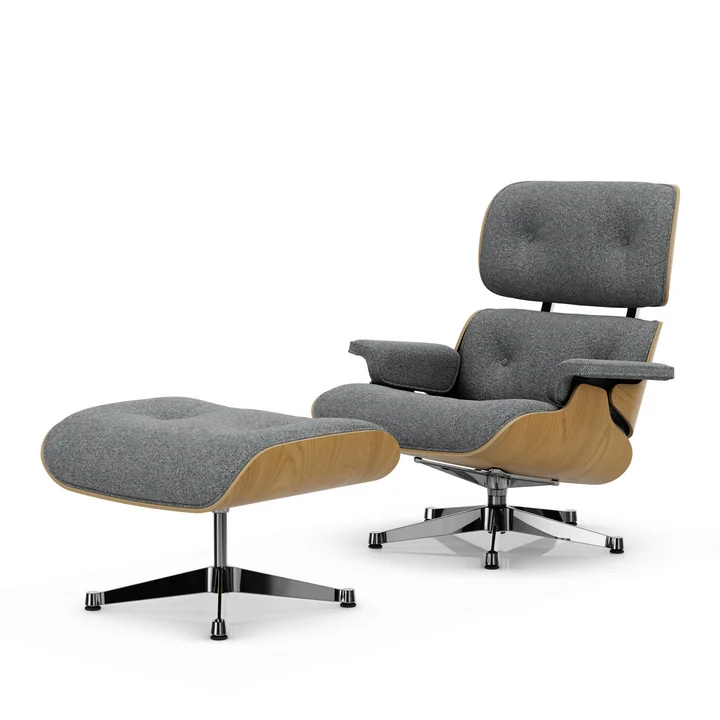 Vitra - Lounge Chair & Ottoman, poliert, Kastanie natur, Nubia, elfenbein / dunkelblau 