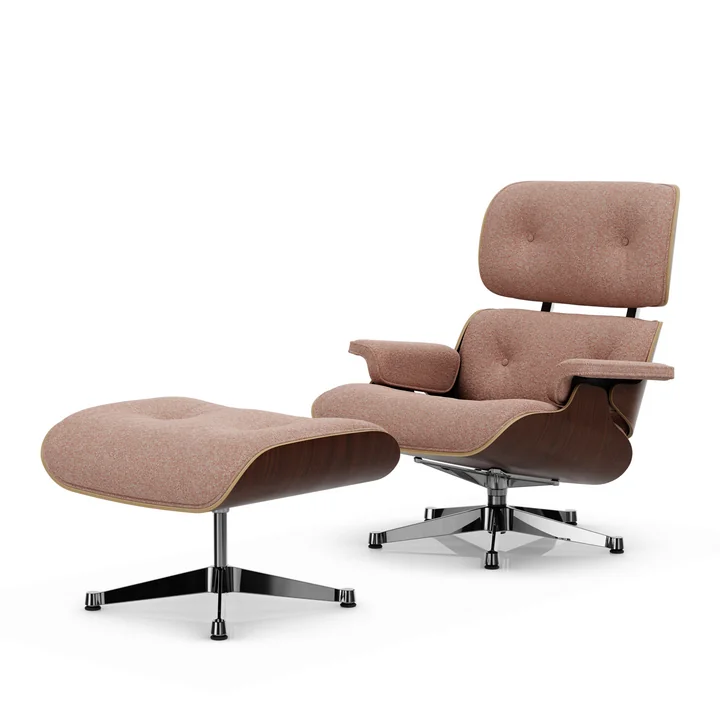 Vitra - Lounge Chair & Ottoman, poliert, Nussbaum dunkel, Nubia, elfenbein / pfirsich 