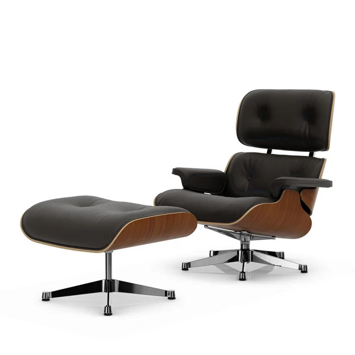 Vitra - Lounge Chair & Ottoman, poliert, Nussbaum natur, Leder Premium F, chocolate 
