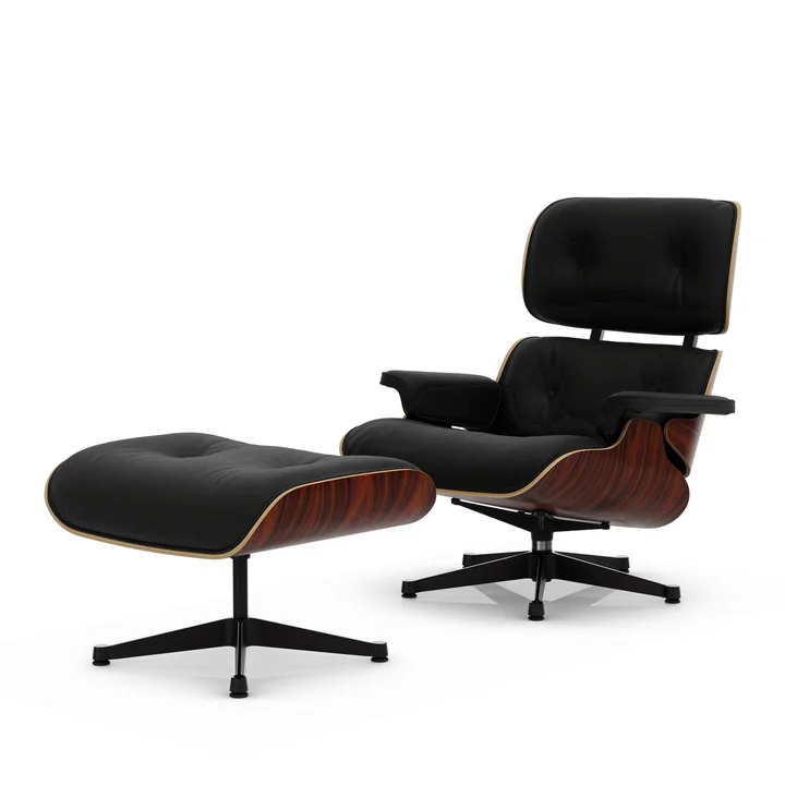 Vitra - Lounge Chair & Ottoman, schwarz / poliert, Santos Palisander, Leder Premium F, nero 