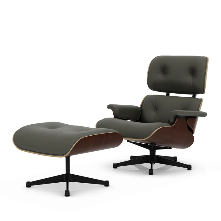 Vitra - Lounge Chair & Ottoman, schwarz, Nussbaum dunkel, Leder Premium F, umbragrau 