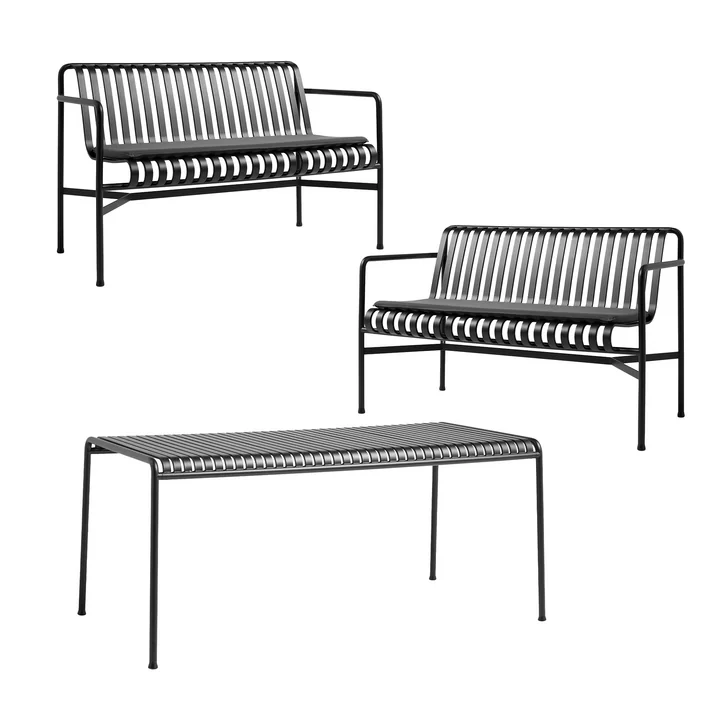 HAY - Palissade Tisch + 2x Dining Bench mit Sitzkissen, anthrazit