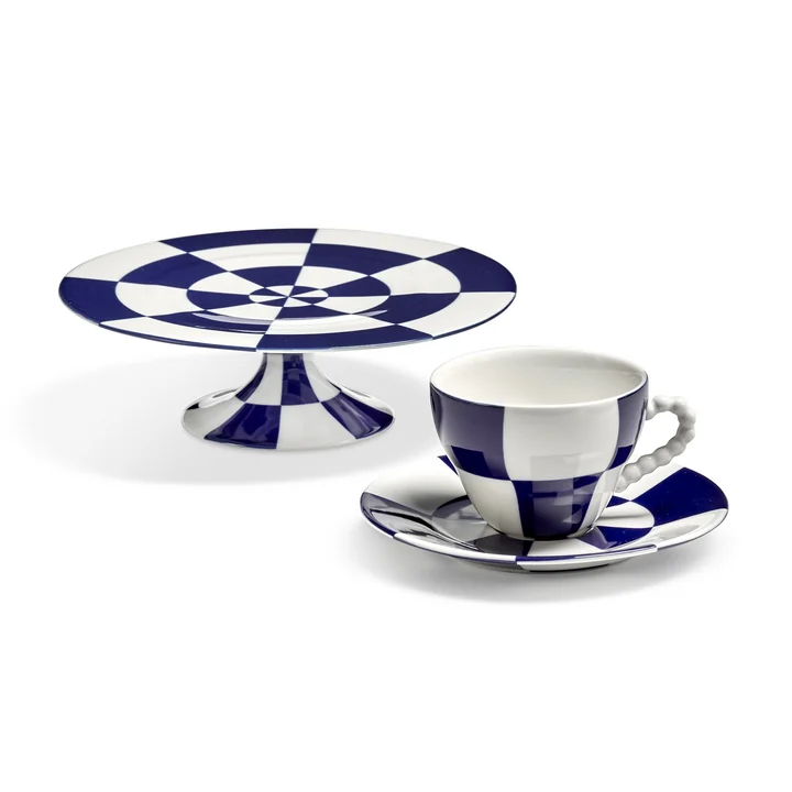 Serax - Fête des Bêtes Tasse und Untertasse mit Kuchenständer, blau / weiß
