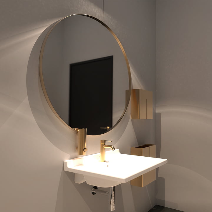 Der runde Unu Wandspiegel von Frost im Badezimmer über dem Waschbecken