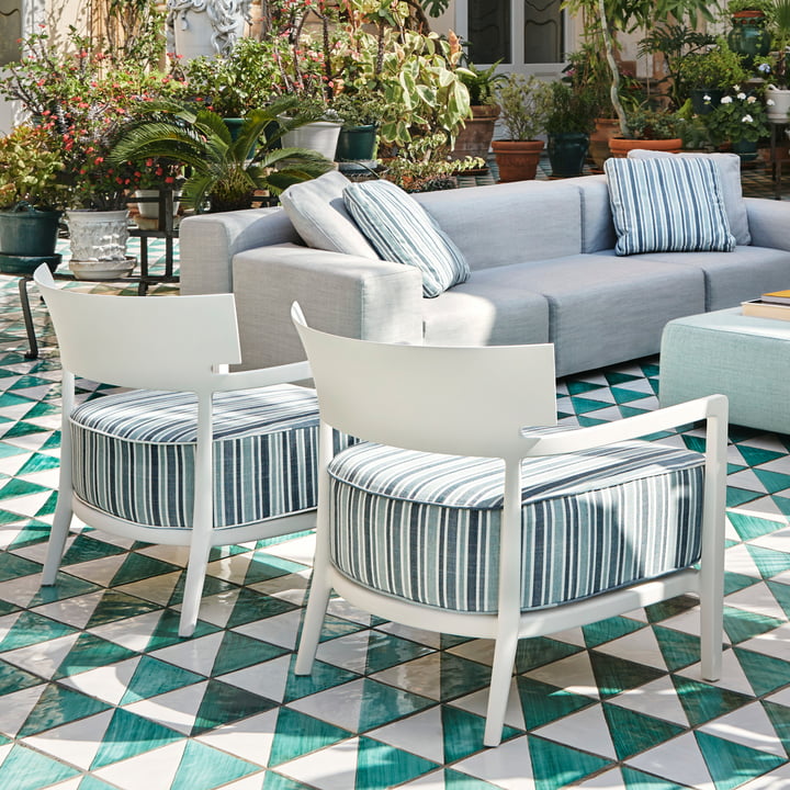 Cara Outdoor Sessel, Gestell weiß matt, Bezug grün gestreift von Kartell