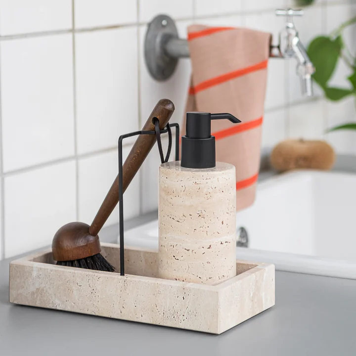 Mette Ditmer - Travertine Seifenspender, tall und Spülorganizer, leinen