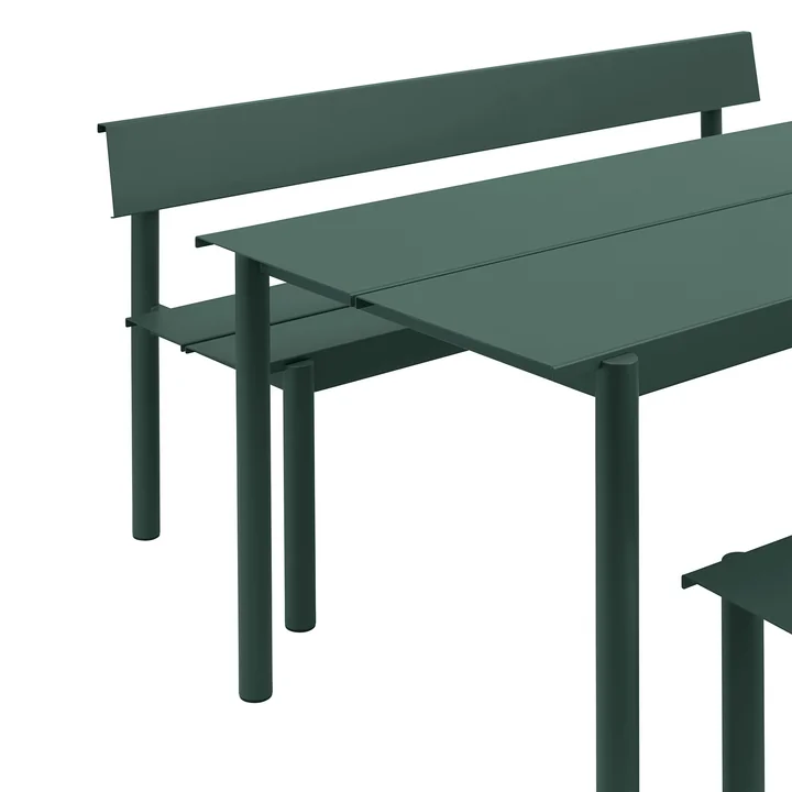 Muuto - Linear Steel Bank mit Rückenlehne, 170 cm an Gartentisch, dunkelgrün