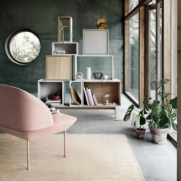 Das Stacked Regal, der Ply Rug Teppich und das Oslo Sofa von Muuto